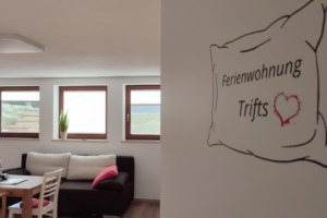 Blick ins Zimmer mit Teil der Tür (Logo), Fenstern und Essbereich